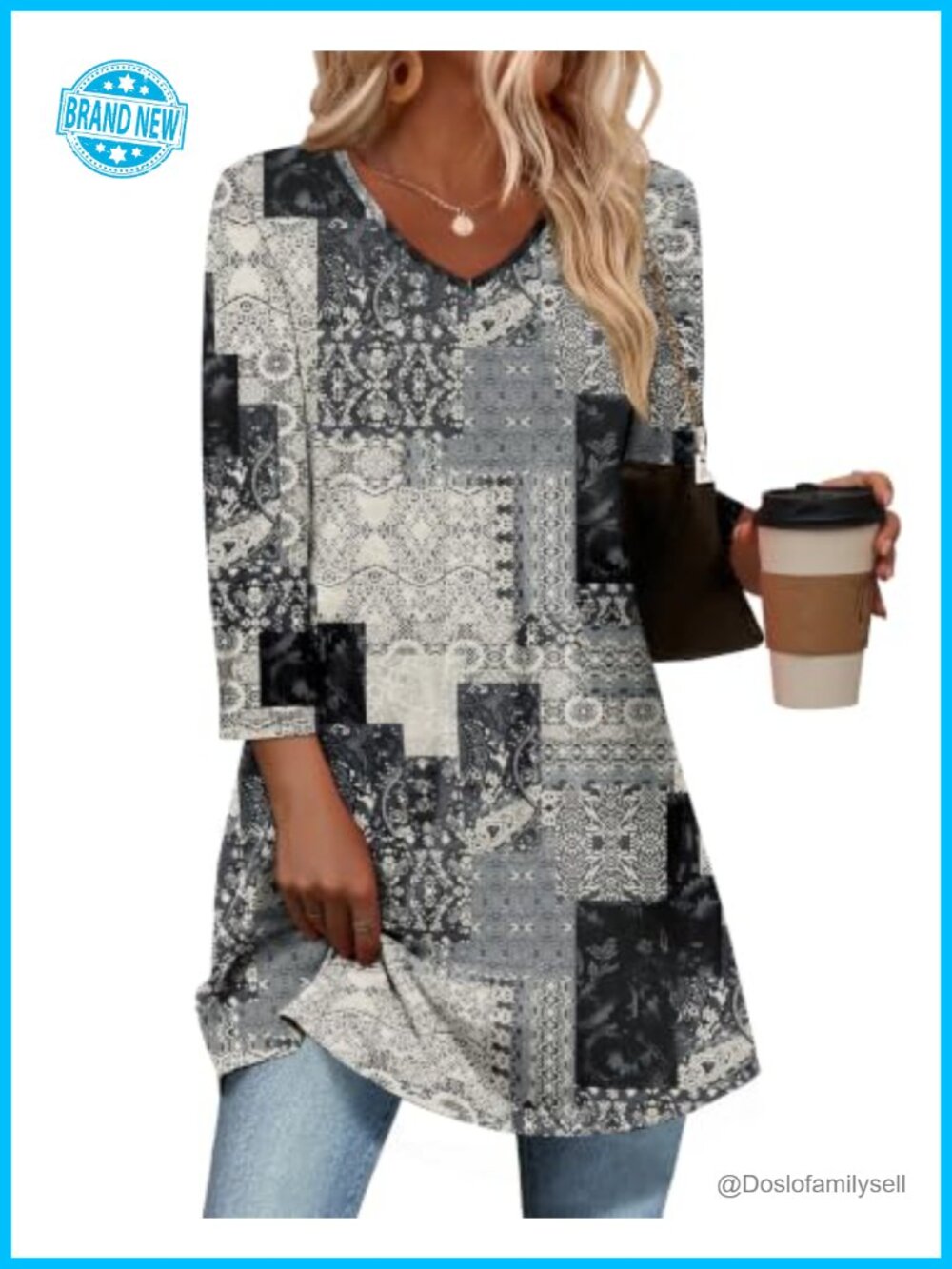 3/4 Sleeve Womens Tunic Top V-Neck Dressy Casual Plus Size Flowy
